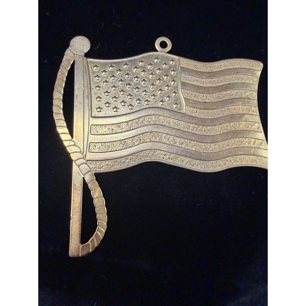 Vintage Brass Tone American Flag Ornament Waving US Flag Patriotic Holiday Decor